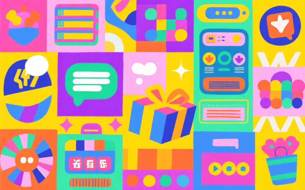 多元娱乐元素拼贴画，包括抽象的游戏界面、聊天气泡和奖品盒，色彩明快